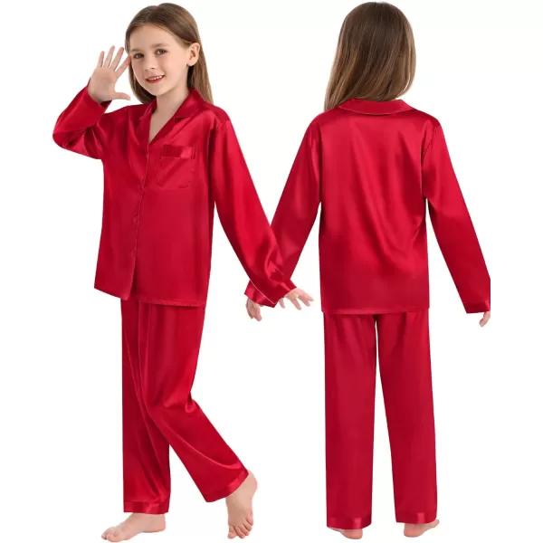 SWOMOG Family Matching Pajamas Silk Satin Long Sleeve Sleepwear Soft Button Down Loungewear 2 Pcs Pj SetKids Red