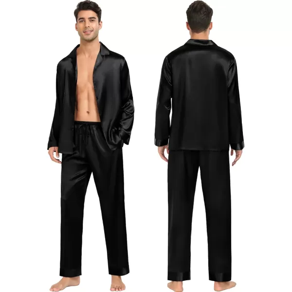 SWOMOG Family Matching Pajamas Silk Satin Long Sleeve Sleepwear Soft Button Down Loungewear 2 Pcs Pj SetMen Black