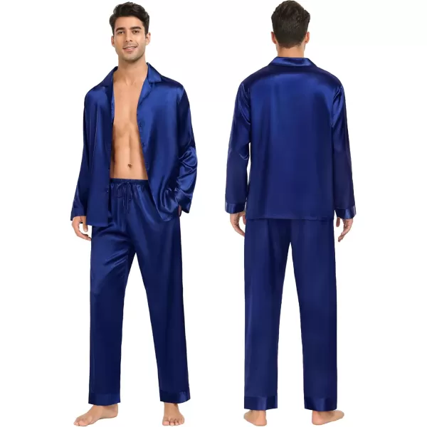 SWOMOG Family Matching Pajamas Silk Satin Long Sleeve Sleepwear Soft Button Down Loungewear 2 Pcs Pj SetMen Navy Blue