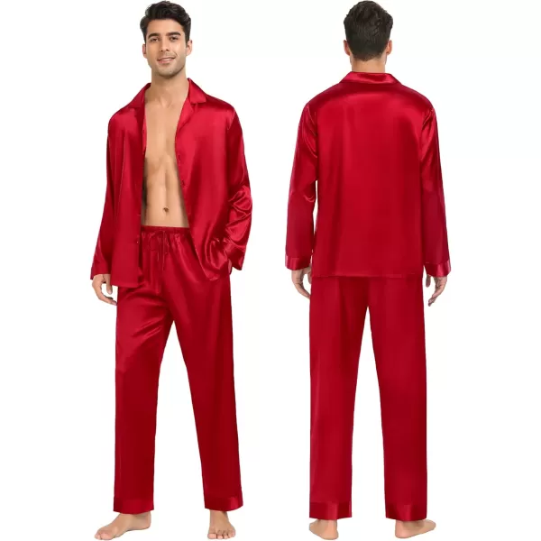 SWOMOG Family Matching Pajamas Silk Satin Long Sleeve Sleepwear Soft Button Down Loungewear 2 Pcs Pj SetMen Red