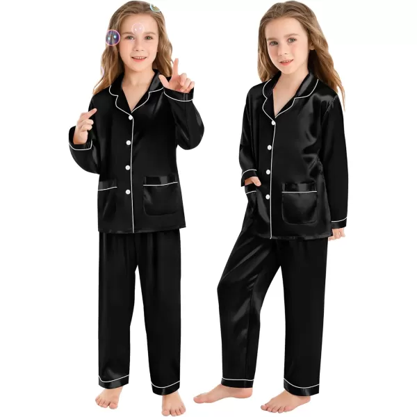 SWOMOG Family Matching Satin Pajamas Sets Silk Pjs Set with 2 Pockets Long Sleeve Button Down Sleepwear LoungewearKids Black