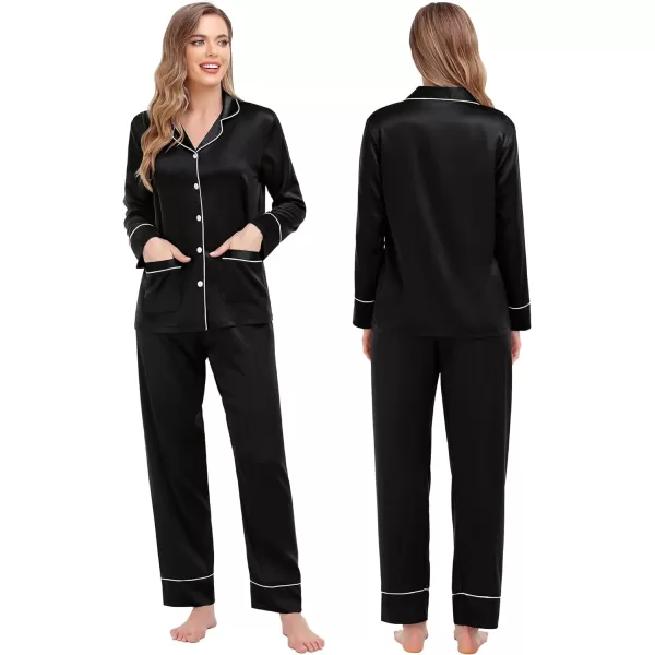 SWOMOG Family Matching Satin Pajamas Sets Silk Pjs Set with 2 Pockets Long Sleeve Button Down Sleepwear LoungewearKids Black