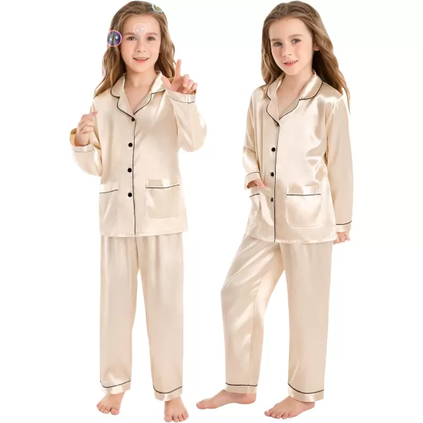 SWOMOG Family Matching Satin Pajamas Sets Silk Pjs Set with 2 Pockets Long Sleeve Button Down Sleepwear LoungewearKids Champagne