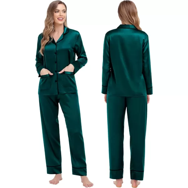 SWOMOG Family Matching Satin Pajamas Sets Silk Pjs Set with 2 Pockets Long Sleeve Button Down Sleepwear LoungewearKids Deep Green