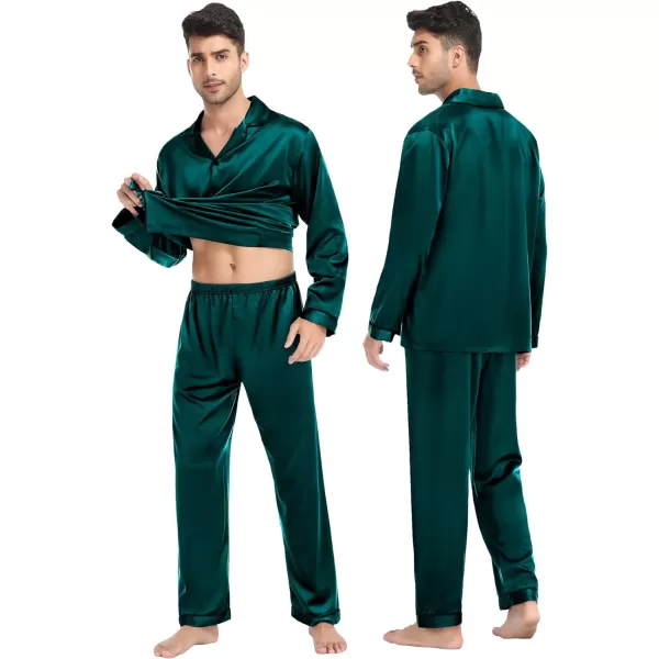 SWOMOG Family Matching Satin Pajamas Sets Silk Pjs Set with 2 Pockets Long Sleeve Button Down Sleepwear LoungewearKids Deep Green