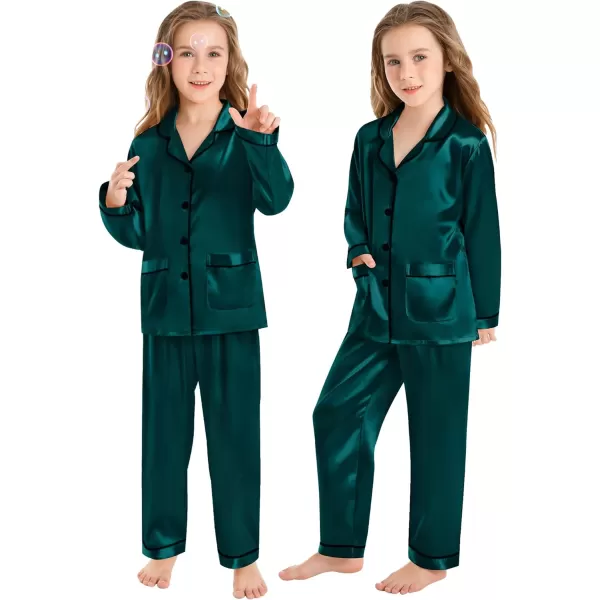 SWOMOG Family Matching Satin Pajamas Sets Silk Pjs Set with 2 Pockets Long Sleeve Button Down Sleepwear LoungewearKids Deep Green