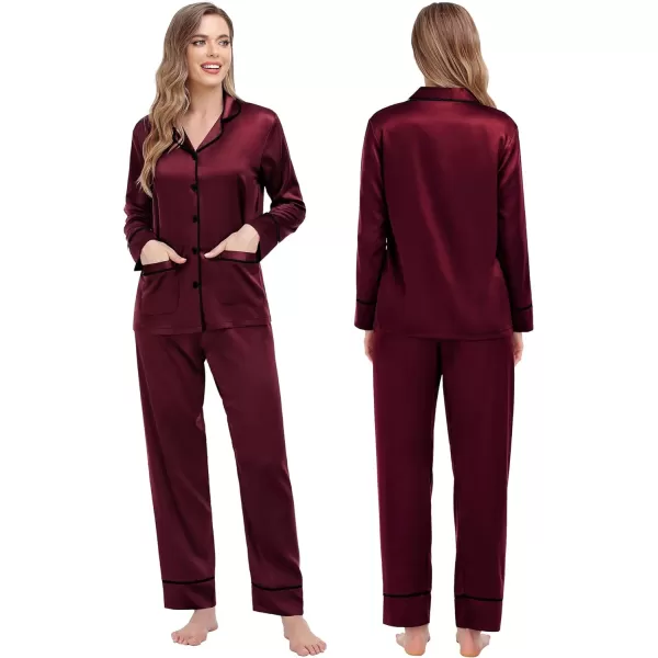 SWOMOG Family Matching Satin Pajamas Sets Silk Pjs Set with 2 Pockets Long Sleeve Button Down Sleepwear LoungewearKids Deep Wine Red