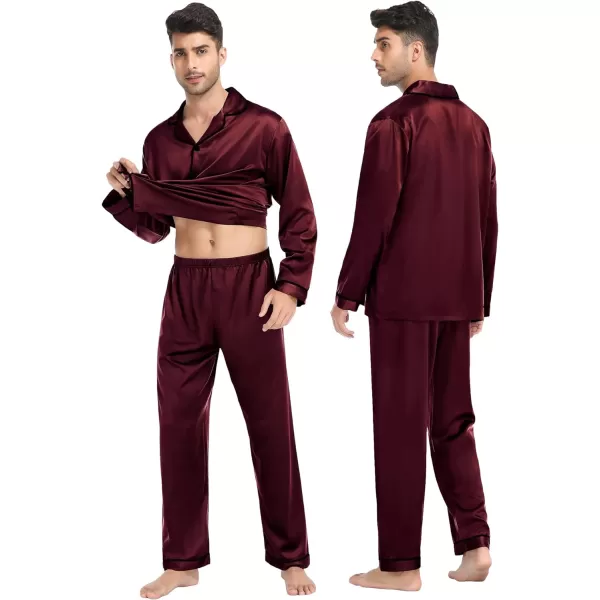 SWOMOG Family Matching Satin Pajamas Sets Silk Pjs Set with 2 Pockets Long Sleeve Button Down Sleepwear LoungewearKids Deep Wine Red