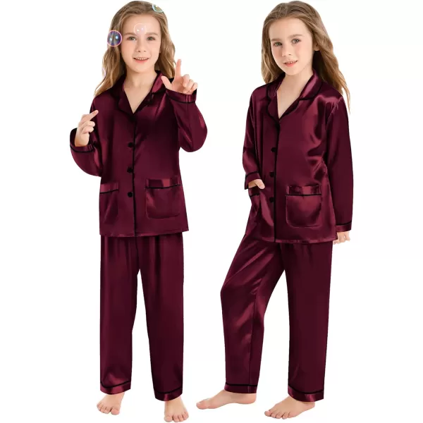 SWOMOG Family Matching Satin Pajamas Sets Silk Pjs Set with 2 Pockets Long Sleeve Button Down Sleepwear LoungewearKids Deep Wine Red