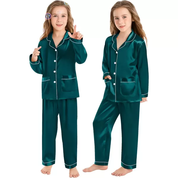 SWOMOG Family Matching Satin Pajamas Sets Silk Pjs Set with 2 Pockets Long Sleeve Button Down Sleepwear LoungewearKids Green