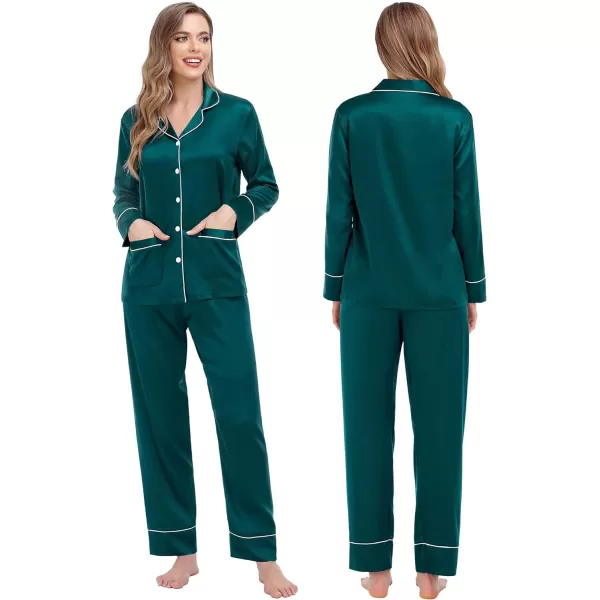 SWOMOG Family Matching Satin Pajamas Sets Silk Pjs Set with 2 Pockets Long Sleeve Button Down Sleepwear LoungewearKids Green