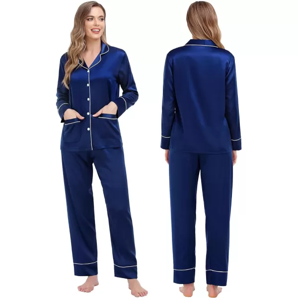 SWOMOG Family Matching Satin Pajamas Sets Silk Pjs Set with 2 Pockets Long Sleeve Button Down Sleepwear LoungewearKids Navy Blue