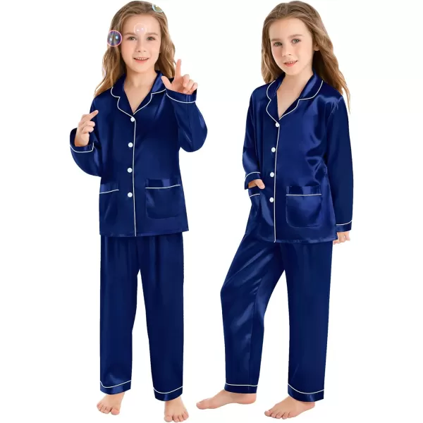 SWOMOG Family Matching Satin Pajamas Sets Silk Pjs Set with 2 Pockets Long Sleeve Button Down Sleepwear LoungewearKids Navy Blue