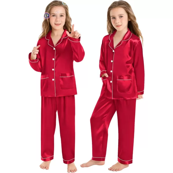 SWOMOG Family Matching Satin Pajamas Sets Silk Pjs Set with 2 Pockets Long Sleeve Button Down Sleepwear LoungewearKids Red