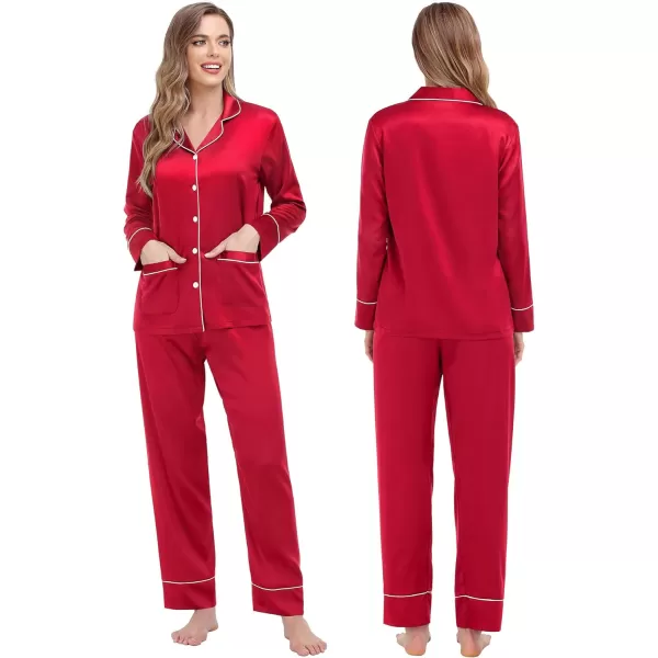 SWOMOG Family Matching Satin Pajamas Sets Silk Pjs Set with 2 Pockets Long Sleeve Button Down Sleepwear LoungewearKids Red