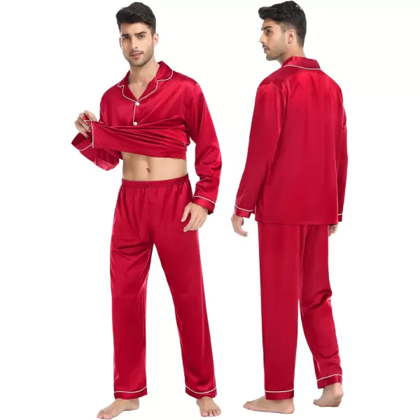 SWOMOG Family Matching Satin Pajamas Sets Silk Pjs Set with 2 Pockets Long Sleeve Button Down Sleepwear LoungewearKids Red