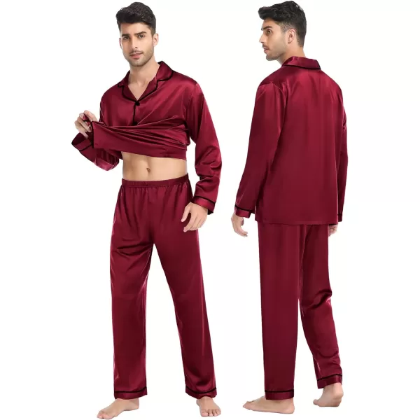 SWOMOG Family Matching Satin Pajamas Sets Silk Pjs Set with 2 Pockets Long Sleeve Button Down Sleepwear LoungewearKids Wine Red