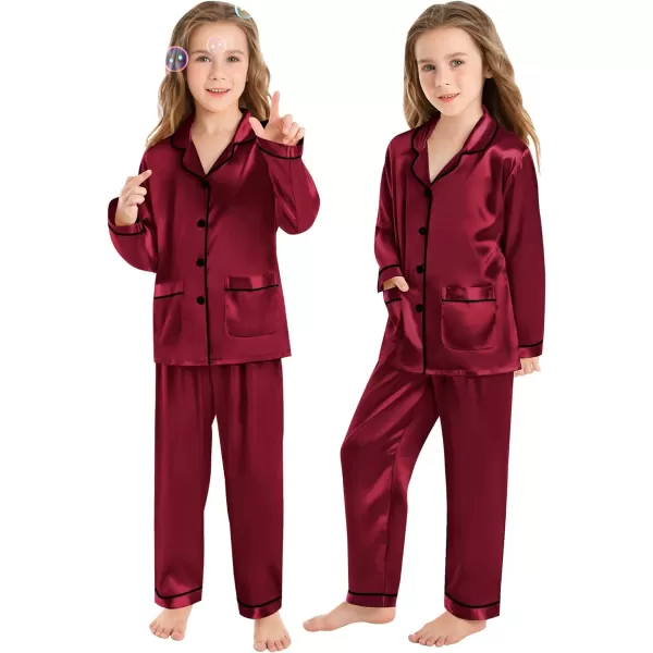 SWOMOG Family Matching Satin Pajamas Sets Silk Pjs Set with 2 Pockets Long Sleeve Button Down Sleepwear LoungewearKids Wine Red