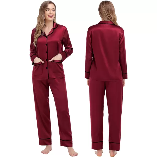 SWOMOG Family Matching Satin Pajamas Sets Silk Pjs Set with 2 Pockets Long Sleeve Button Down Sleepwear LoungewearKids Wine Red