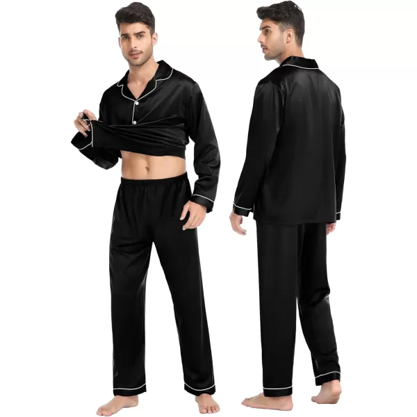 SWOMOG Family Matching Satin Pajamas Sets Silk Pjs Set with 2 Pockets Long Sleeve Button Down Sleepwear LoungewearMen Black