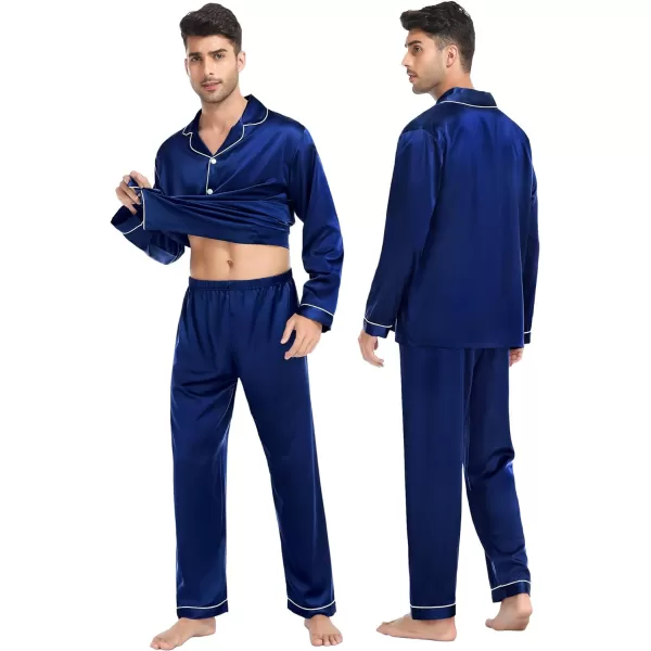 SWOMOG Family Matching Satin Pajamas Sets Silk Pjs Set with 2 Pockets Long Sleeve Button Down Sleepwear LoungewearMen Navy Blue