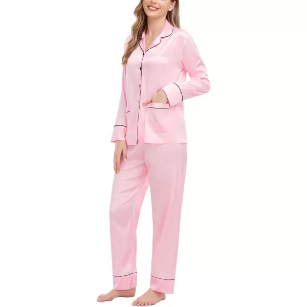 SWOMOG Family Matching Satin Pajamas Sets Silk Pjs Set with 2 Pockets Long Sleeve Button Down Sleepwear LoungewearWomen Pink