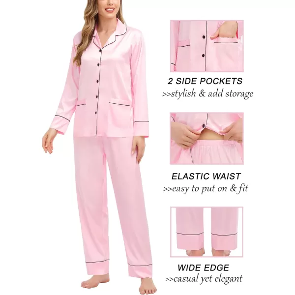 SWOMOG Family Matching Satin Pajamas Sets Silk Pjs Set with 2 Pockets Long Sleeve Button Down Sleepwear LoungewearWomen Pink