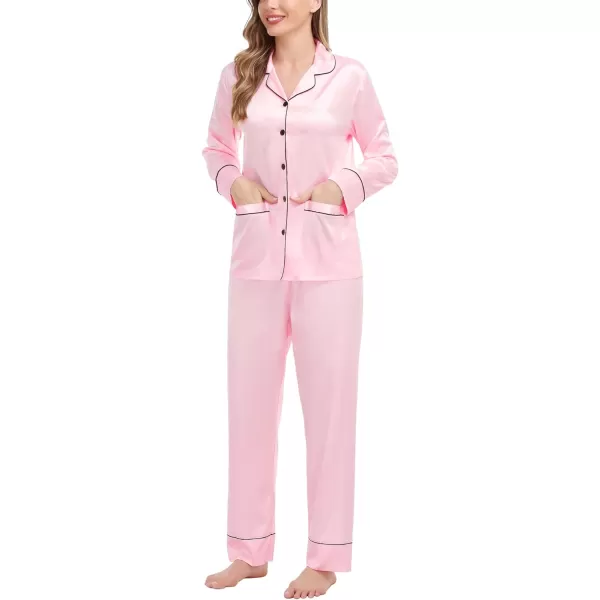 SWOMOG Family Matching Satin Pajamas Sets Silk Pjs Set with 2 Pockets Long Sleeve Button Down Sleepwear LoungewearWomen Pink