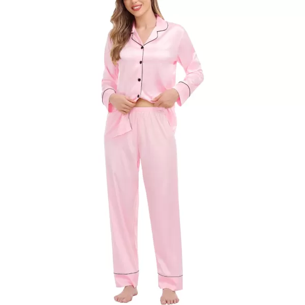 SWOMOG Family Matching Satin Pajamas Sets Silk Pjs Set with 2 Pockets Long Sleeve Button Down Sleepwear LoungewearWomen Pink