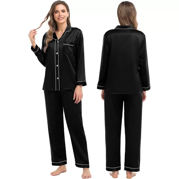 SWOMOG Family Matching Silk Satin Pajamas Button Down Sleepwear Long Sleeve Silky Nightwear 2 Pcs Pj SetKids Black