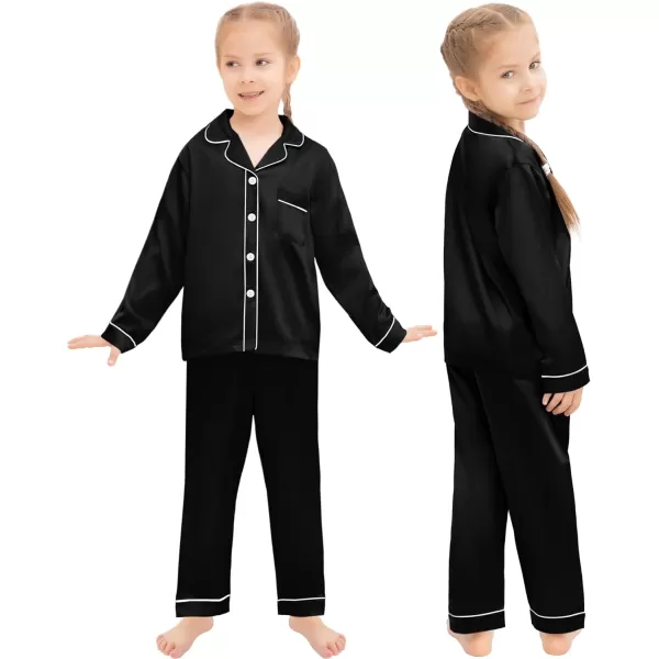 SWOMOG Family Matching Silk Satin Pajamas Button Down Sleepwear Long Sleeve Silky Nightwear 2 Pcs Pj SetKids Black