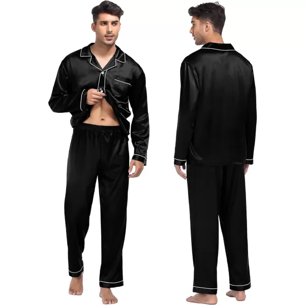 SWOMOG Family Matching Silk Satin Pajamas Button Down Sleepwear Long Sleeve Silky Nightwear 2 Pcs Pj SetKids Black