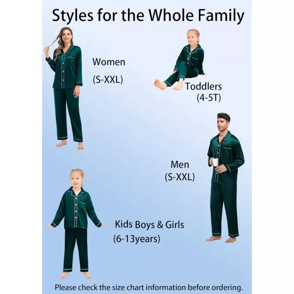 SWOMOG Family Matching Silk Satin Pajamas Button Down Sleepwear Long Sleeve Silky Nightwear 2 Pcs Pj SetKids Deep Green