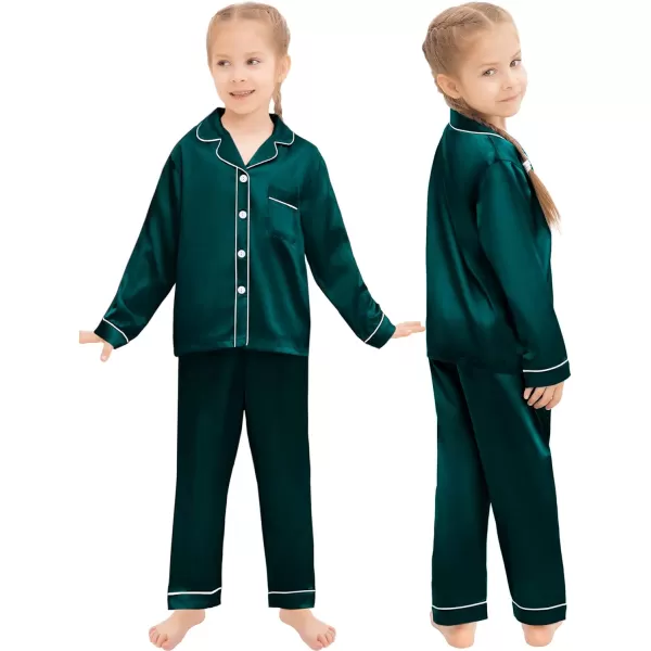 SWOMOG Family Matching Silk Satin Pajamas Button Down Sleepwear Long Sleeve Silky Nightwear 2 Pcs Pj SetKids Deep Green