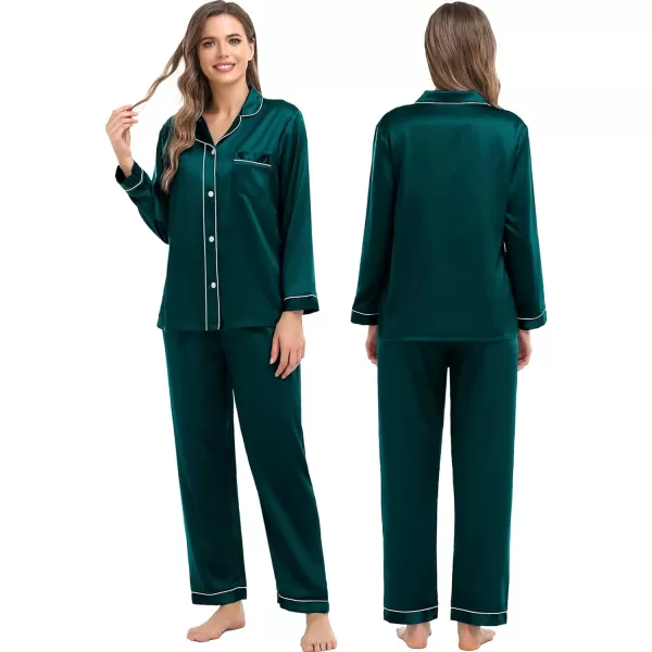 SWOMOG Family Matching Silk Satin Pajamas Button Down Sleepwear Long Sleeve Silky Nightwear 2 Pcs Pj SetKids Deep Green