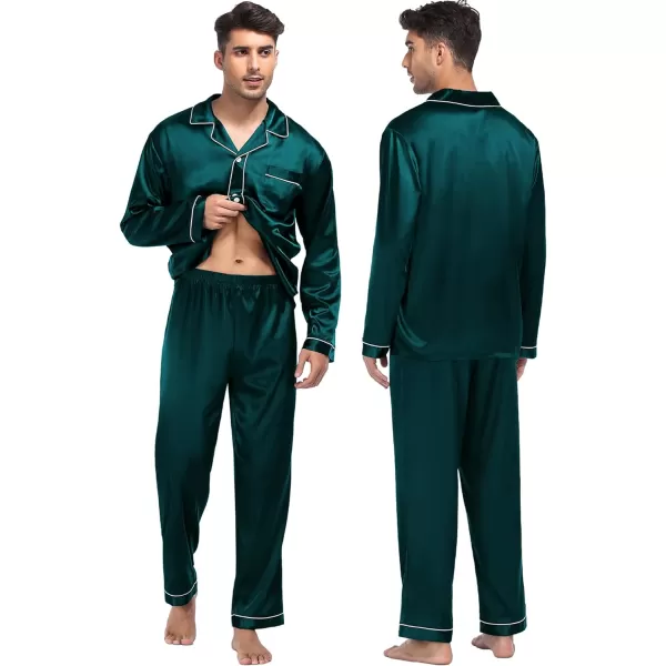 SWOMOG Family Matching Silk Satin Pajamas Button Down Sleepwear Long Sleeve Silky Nightwear 2 Pcs Pj SetKids Deep Green