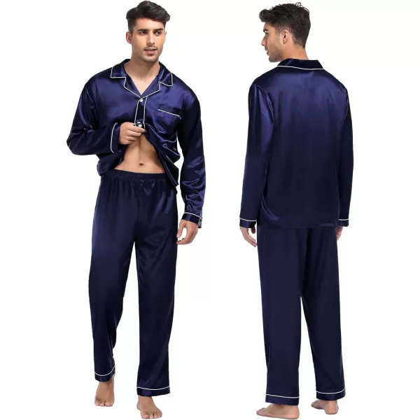 SWOMOG Family Matching Silk Satin Pajamas Button Down Sleepwear Long Sleeve Silky Nightwear 2 Pcs Pj SetKids Deep Navy Blue