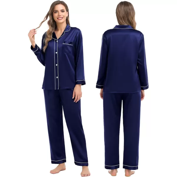 SWOMOG Family Matching Silk Satin Pajamas Button Down Sleepwear Long Sleeve Silky Nightwear 2 Pcs Pj SetKids Deep Navy Blue