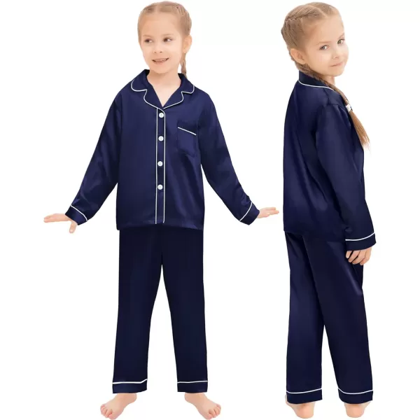 SWOMOG Family Matching Silk Satin Pajamas Button Down Sleepwear Long Sleeve Silky Nightwear 2 Pcs Pj SetKids Deep Navy Blue