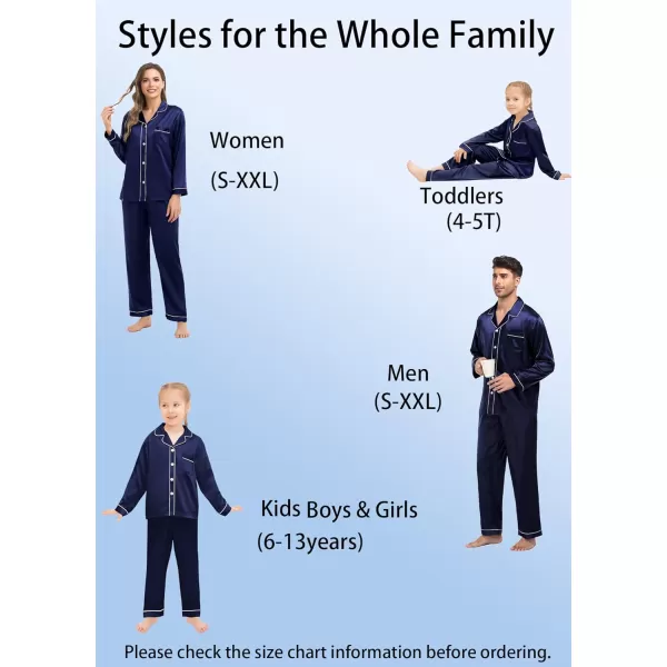 SWOMOG Family Matching Silk Satin Pajamas Button Down Sleepwear Long Sleeve Silky Nightwear 2 Pcs Pj SetKids Deep Navy Blue