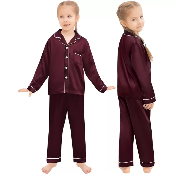 SWOMOG Family Matching Silk Satin Pajamas Button Down Sleepwear Long Sleeve Silky Nightwear 2 Pcs Pj SetKids Deep Wine Red