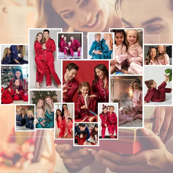 SWOMOG Family Matching Silk Satin Pajamas Button Down Sleepwear Long Sleeve Silky Nightwear 2 Pcs Pj SetKids Deep Wine Red