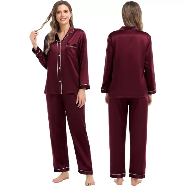 SWOMOG Family Matching Silk Satin Pajamas Button Down Sleepwear Long Sleeve Silky Nightwear 2 Pcs Pj SetKids Deep Wine Red
