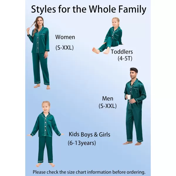 SWOMOG Family Matching Silk Satin Pajamas Button Down Sleepwear Long Sleeve Silky Nightwear 2 Pcs Pj SetKids Green