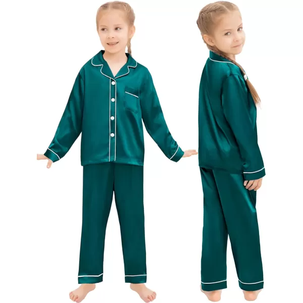 SWOMOG Family Matching Silk Satin Pajamas Button Down Sleepwear Long Sleeve Silky Nightwear 2 Pcs Pj SetKids Green