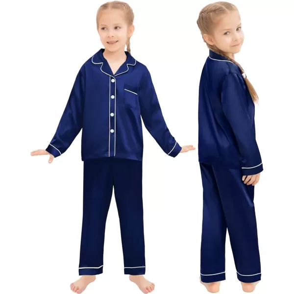 SWOMOG Family Matching Silk Satin Pajamas Button Down Sleepwear Long Sleeve Silky Nightwear 2 Pcs Pj SetKids Navy Blue