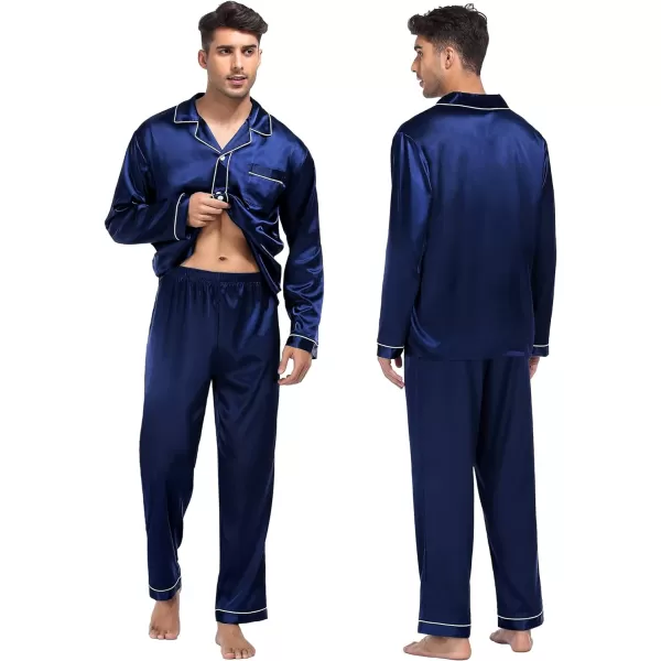 SWOMOG Family Matching Silk Satin Pajamas Button Down Sleepwear Long Sleeve Silky Nightwear 2 Pcs Pj SetKids Navy Blue