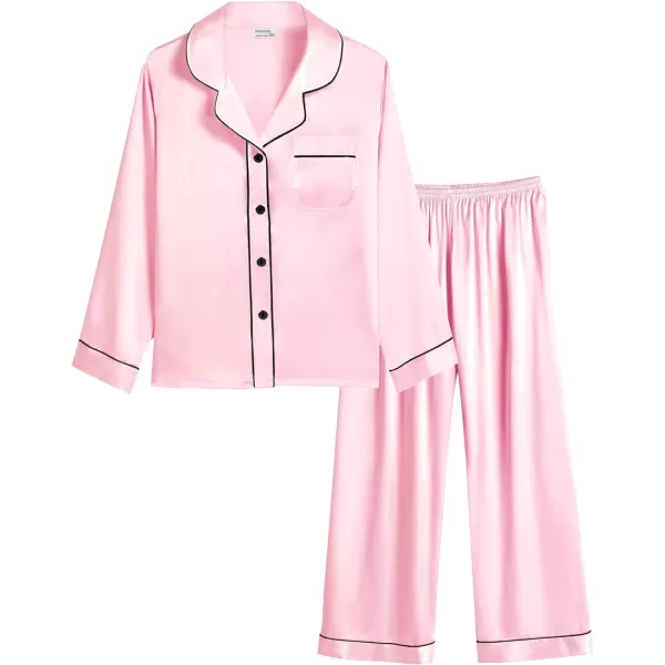 SWOMOG Family Matching Silk Satin Pajamas Button Down Sleepwear Long Sleeve Silky Nightwear 2 Pcs Pj SetKids Pink