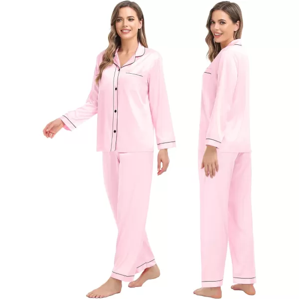 SWOMOG Family Matching Silk Satin Pajamas Button Down Sleepwear Long Sleeve Silky Nightwear 2 Pcs Pj SetKids Pink