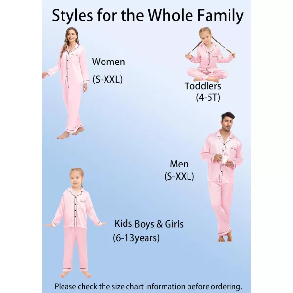 SWOMOG Family Matching Silk Satin Pajamas Button Down Sleepwear Long Sleeve Silky Nightwear 2 Pcs Pj SetKids Pink